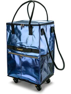 Medium Navy Blue Reusable Foldable Rolling Grocery Bag with 5 Wheels